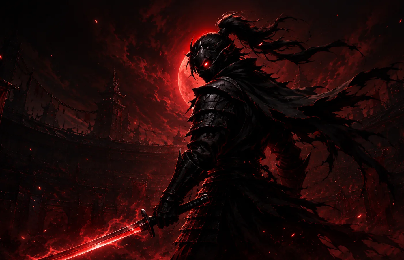 Dark armored warrior holding a glowing red sword in a crimson arena