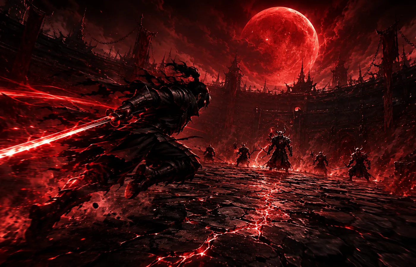 Warrior charging toward enemies inside a dark crimson combat arena