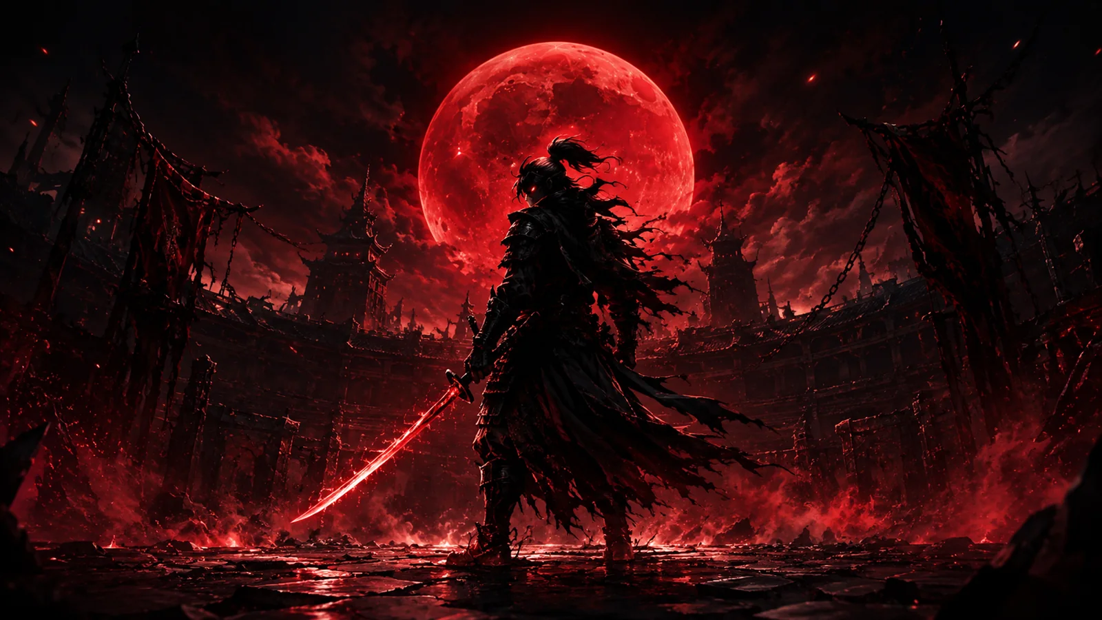 Armored warrior standing beneath a giant red moon in a dark fantasy arena