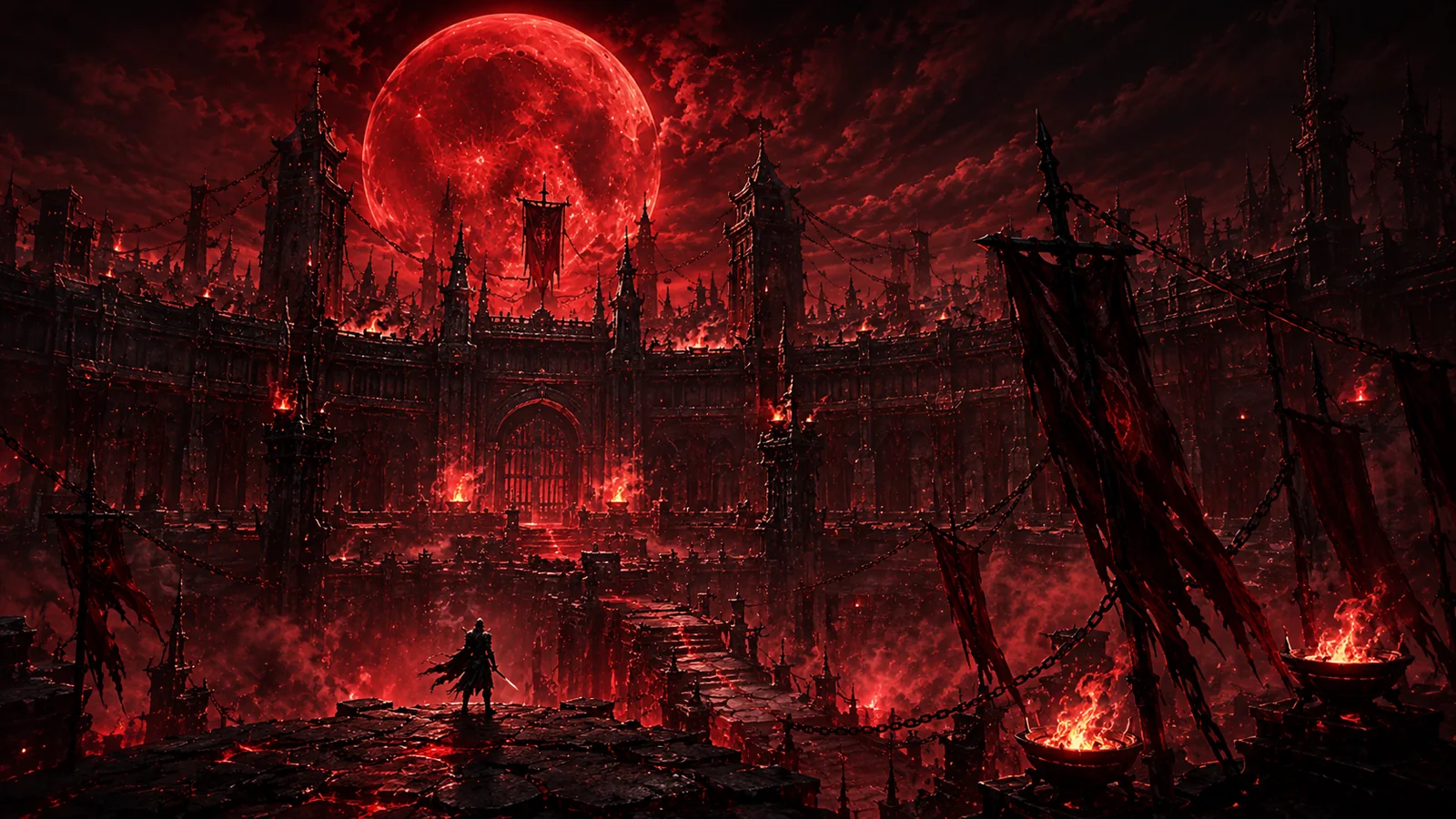 Crimson fortress and battle arena under a giant red moon